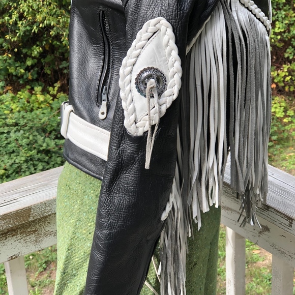 VTG UNIK MOTO LEATHER BLACK WHITE FRINGED JACKET - Picture 7 of 7